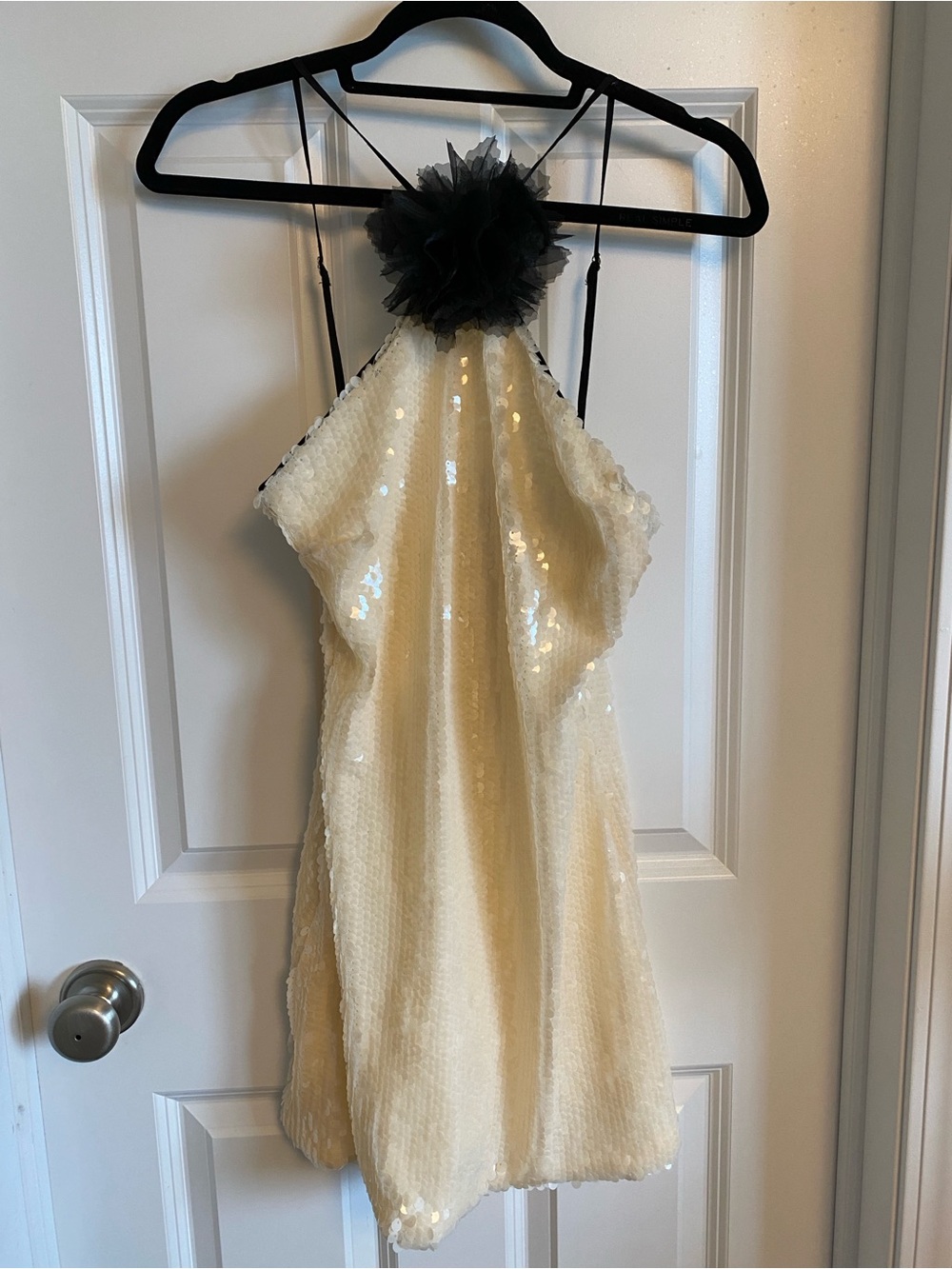 FORE Ivory Sequin Halter Dress with Black Flower Accent